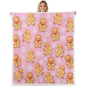 Aura Blankets Christmas Gingerbread Throw Throw Blanket,Cute Gingerbread Man Blanket,Xmas Snowflake Sherpa Blanket Girls Fleece Blanket,Pink