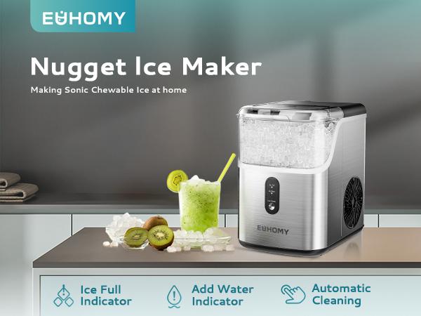 EUHOMY Nugget Ice Makers Countertop, Pebble Machine with 35Lbs/Day Soft Ice, Self-Cleaning Sonic Ice Maker with Ice Scoop&Basket, Pellet Ice Maker for Home/Kitchen/Office(Stainless Steels) Utensils