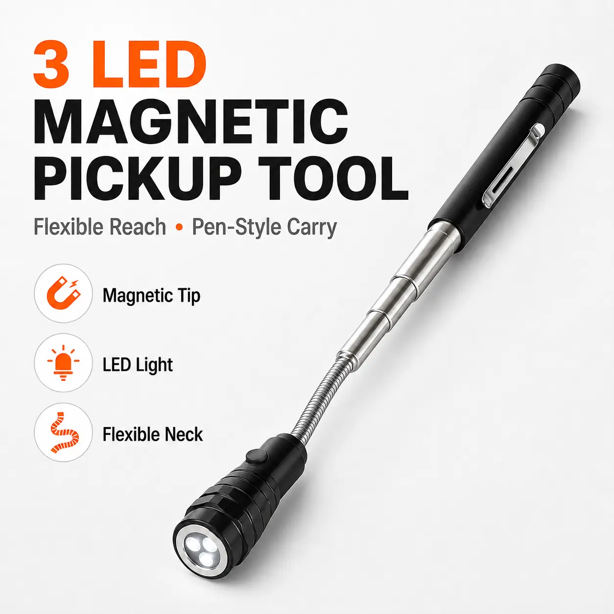 LED Light Telescopic Magnetic Pick-Up Tool with 360° Flexible Neck, Extendable Rod Grabber Reach Tool, Magnetic Grip for Auto Garage Auto Repair DIY Metal Screws Nuts Retrieval, Pocket Clip