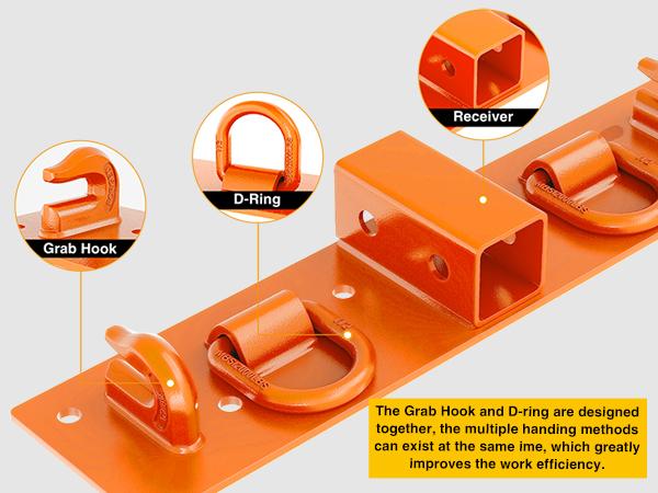 Nilight 3/8" Tractor Bucket Grab Hooks with 1/2" Tie Down Ring and 2" Receiver Grade 70 Forged Steel Bolt-On for John Deere Compact Tractor Bucket RV UTV Truck Max 4700LBS, Orange Open Pipes Parts Vehicle Tires Titanium Exhaust