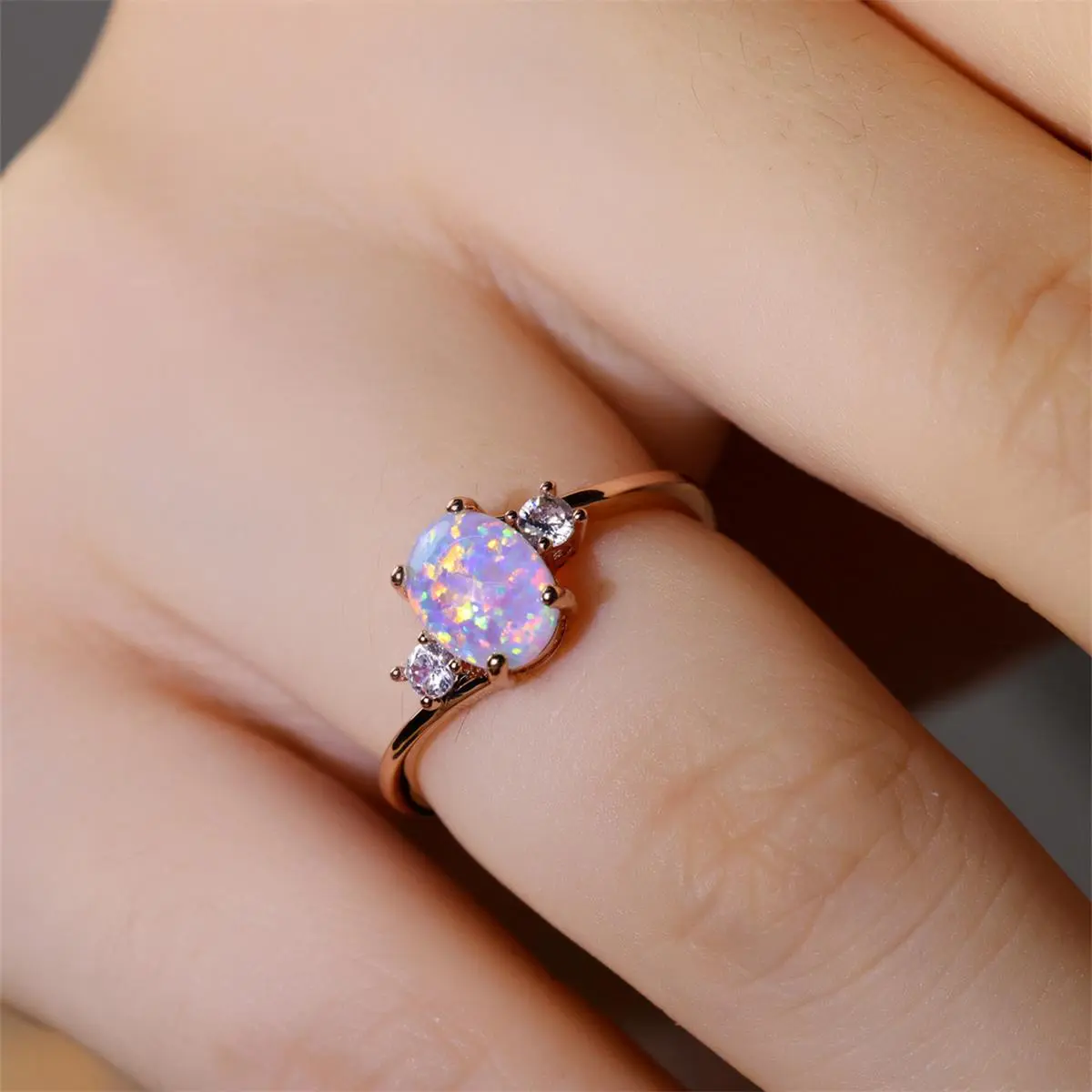 Women's 4-Prong Round Fire Opal Engagement Ring - Gem-Laden Colored Gemstone Bedazzled Fantasy Blue Stone Ring, Romantic Gift for Wife for Valentine's Day Banquet Party, Four-Prong Round Rings, Gem-Laden Rings