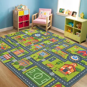 4x6 Kids Car Area Rug, Grey Green Area Rugs for Living Room Playroom Classroom Bedroom, Non Slip Kids Play mat, Washable Rug, Educational City Traffic Road Map Fun Car Carpet for Ages 3-12