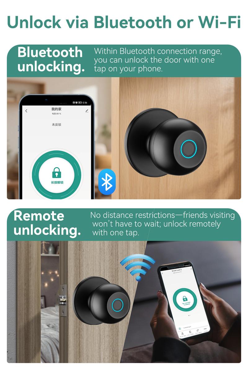 Smart Fingerprint Door Knob Keyless Entry 3-in-1 Biometric Knob Lock APP Control Bedroom Home Privacy