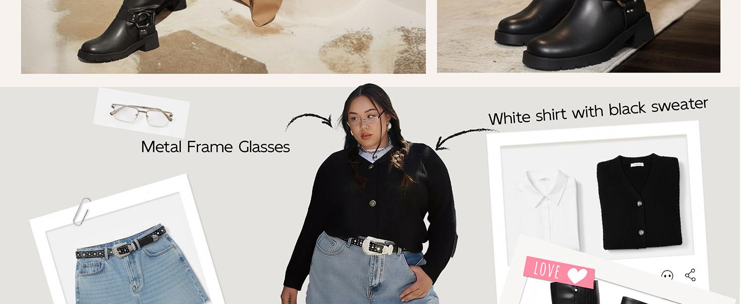 Wide Calf Boots for Women - Knee High Square Toe Wide Width Platform Plus Size Tall Boots with Side Zip, Elastic bands Buckle Chunky Heel Wide Leg Fashion Motorcycle Boot for Spring Fall, Valentine's Gift