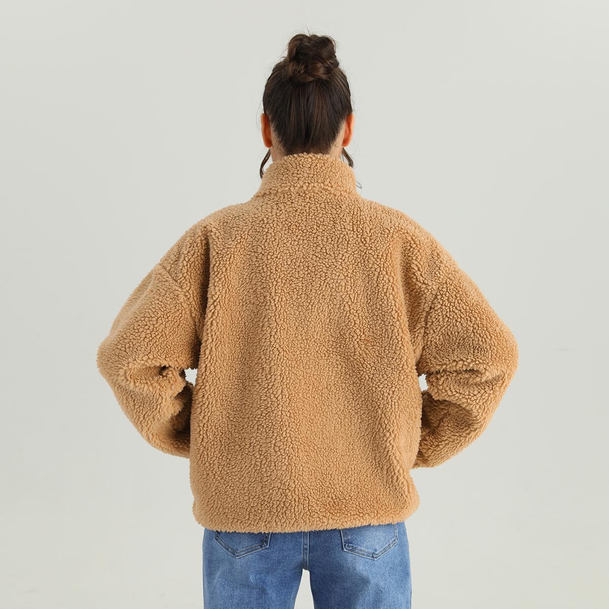 KatchMe Women's Cozy Mock Neck Side Pocket Zipper Fluffy Long Sleeve Outerwear, Versatile Faux Fur Fleece Coat for Fall & Winter, Comfort Solid Color Outfit（2）