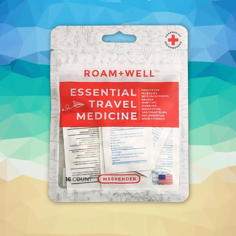 Roamwell Weekender - Essential Travel First Aid Medicine Kit - Compact & Travel-Friendly - 16 Tablets