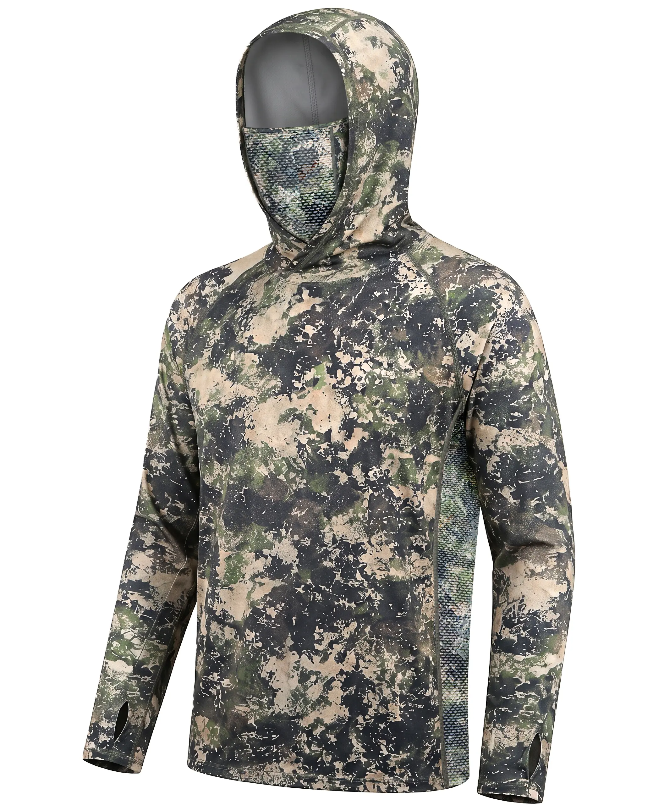 WELIGU Men's Camo Hunting Hoodie with Built-In Face Mask, Lightweight Breathable Long Sleeve Hunting Shirt