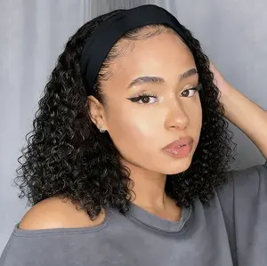 [Spring Glow Up] Ronashow Headband Wig Human Hair Deep Wave Glueless None Lace Front Wig Deep Curly Headband Wig Wear and Go Wigs for Black Women Brazilian Virgin Hair 180% Density Natural Color 8 Inch