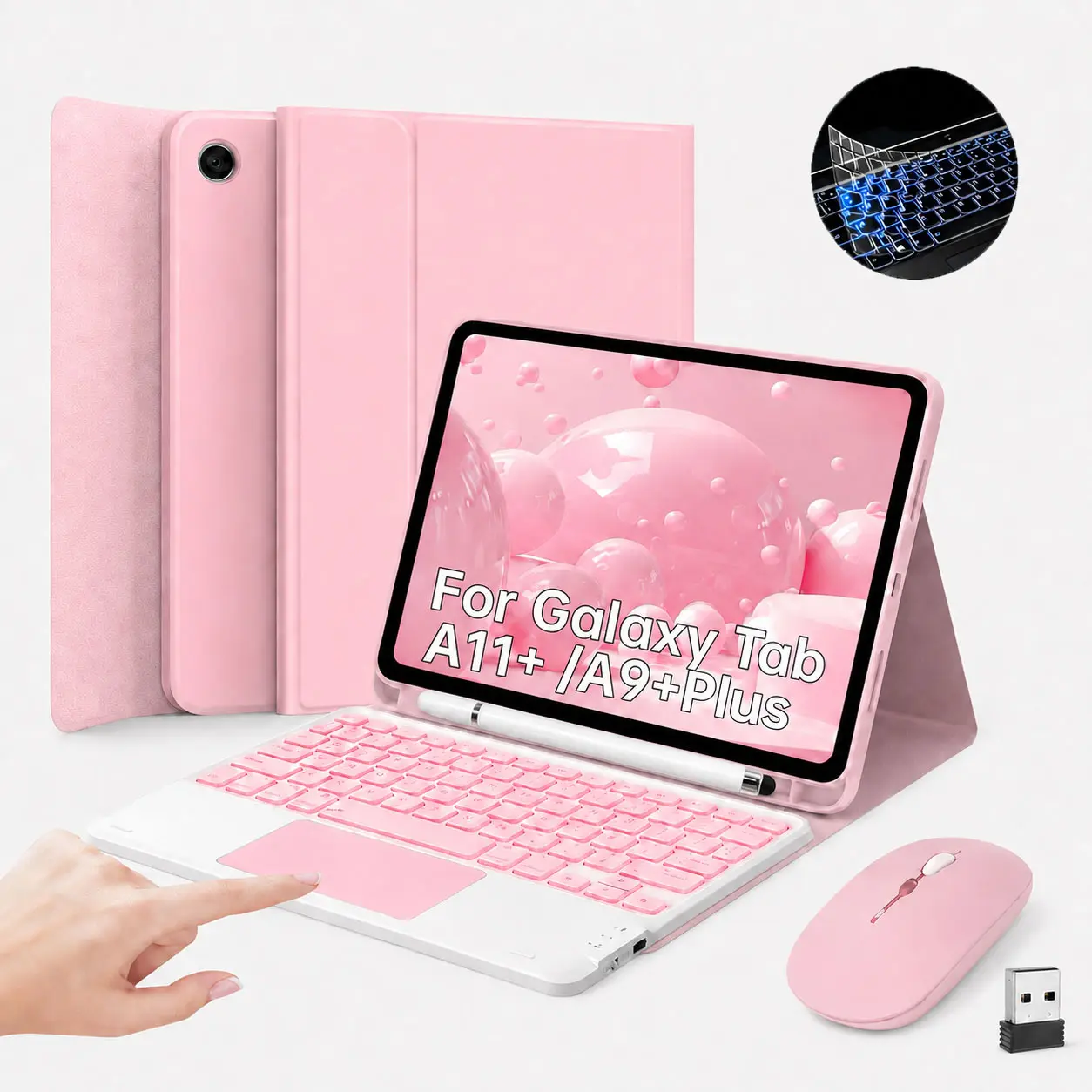 Pink 11-in Tablet Casing with Keyboard & Mouse, 7-Color Rainbow Backlight Detachable USB-C Keypad, Magnetic Cover with Pen Slot, Stylus Pen, Keyboard Protector Film for Samsung Galaxy Tab A11+/A9+ 2026/2023, Accessories with Holder & Protection