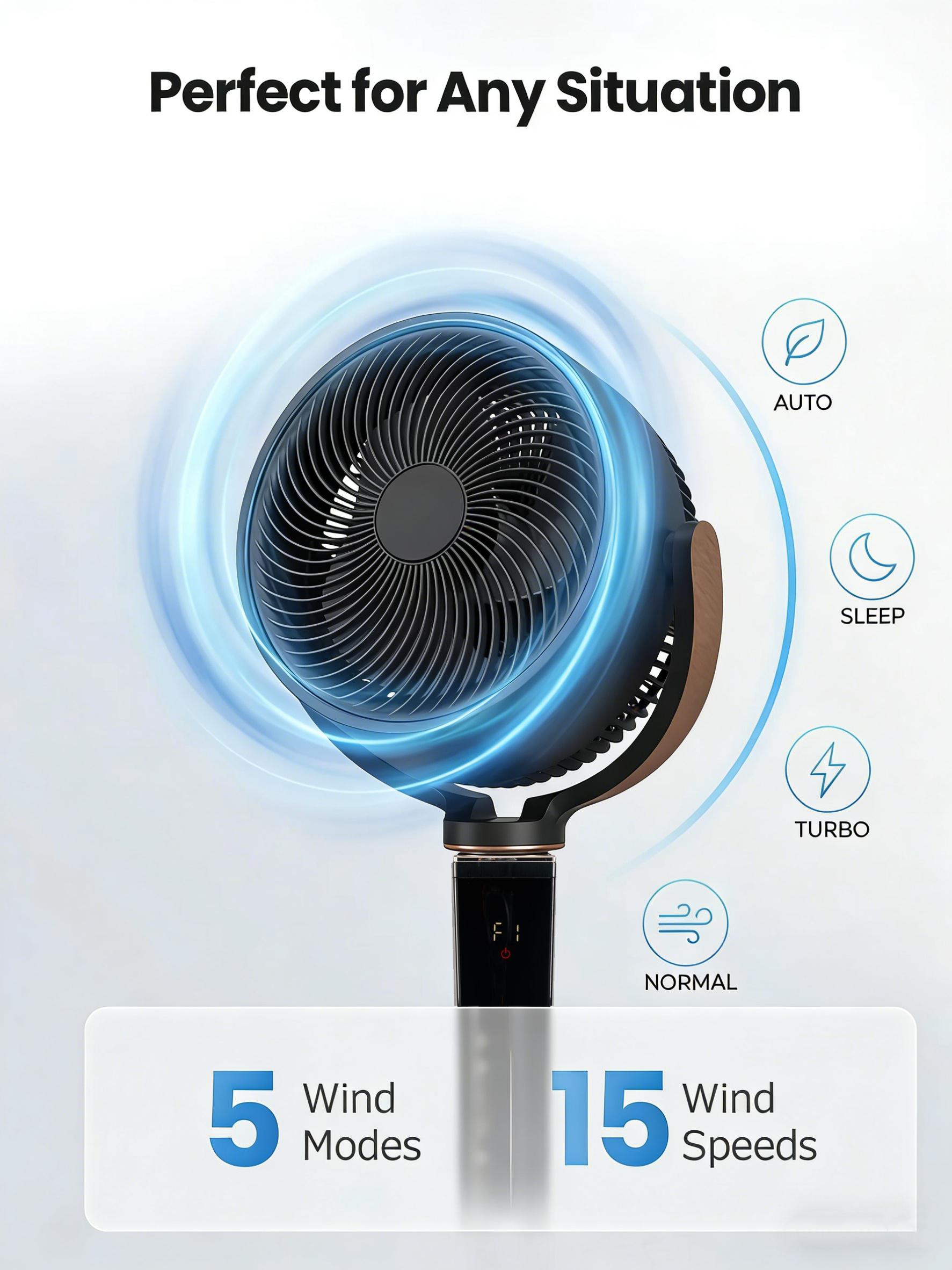Fan for Bedroom, 120° Oscillating Standing Fans, Quiet Floor Fan with DC Motor, 100ft Pedestal Fans for Room, 16 Speeds, 4 modes, 30dB,, 37-45" Adjustable Height, 12H Timer，With ambient lighting