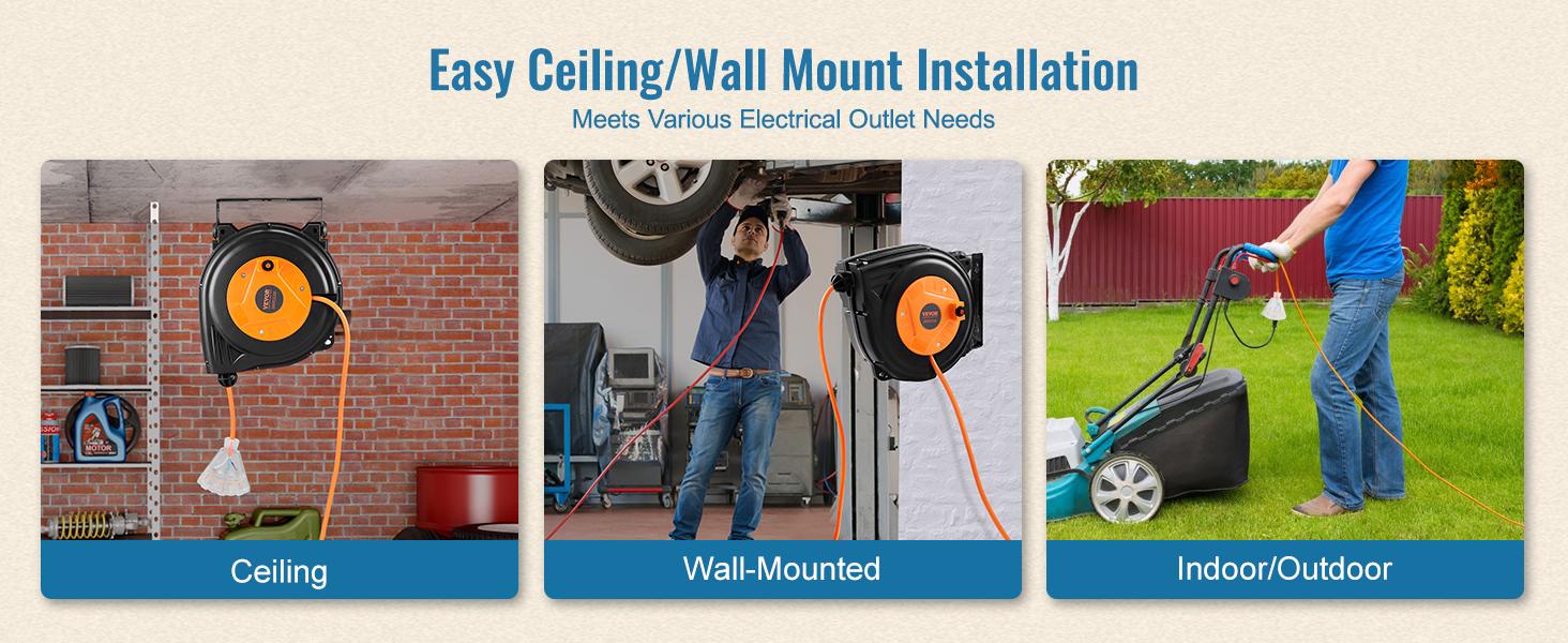 VEVOR Retractable Extension Cord Reel, Various specifications, Heavy Duty 3C SJTOW Power Cord, with Lighted Triple Tap Outlet, 15 Amp Circuit Breaker, 180° Swivel Bracket for Ceiling Tested to UL Standards