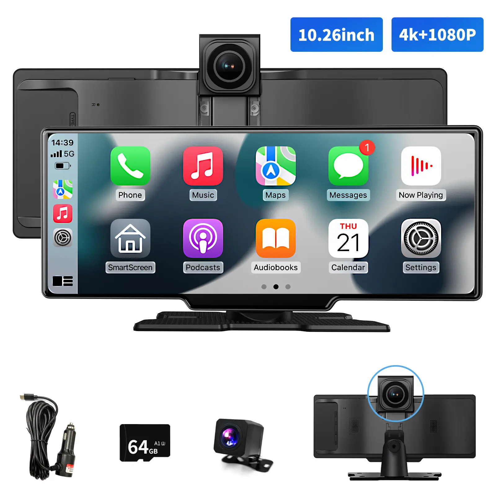 2026 10.26-inch upgraded CarPlay screen, supports CarPlay, Android Auto, screen mirroring (supports TikTok, YouTube), backup camera, navigation, and voice assistant,  for all vehicles that can connect via AUX