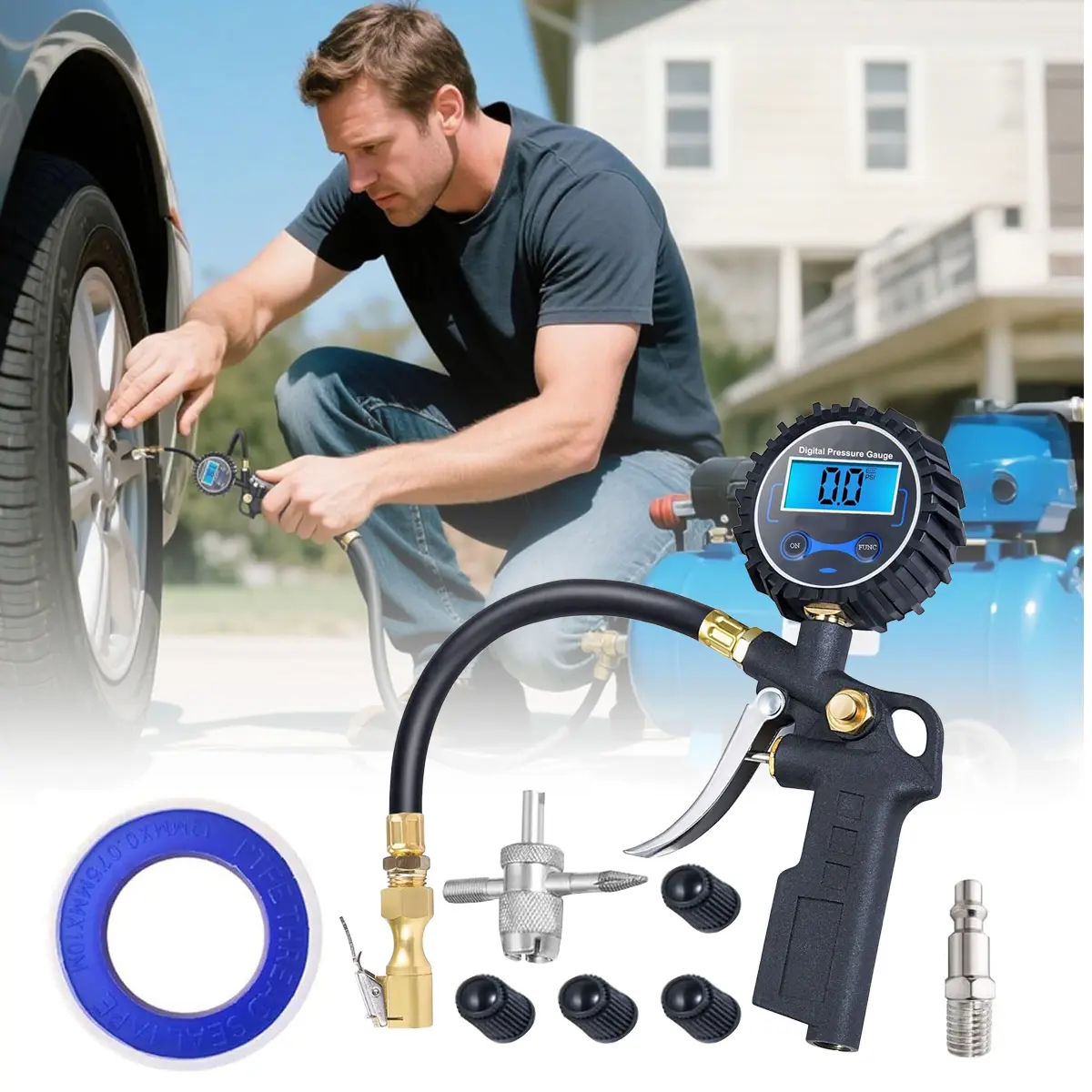 Digital Tire Pressure Gauge with Inflator, 3-250 PSI Air Chuck & Compressor Accessories Heavy Duty with Quick Connect Coupler, 0.1 Display Resolution