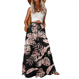 Lepunuo Womens Casual Boho High Waisted Flowy Maxi Skirts Tiered Floral Long Skirts with Pockets for Summer Beach Vacation