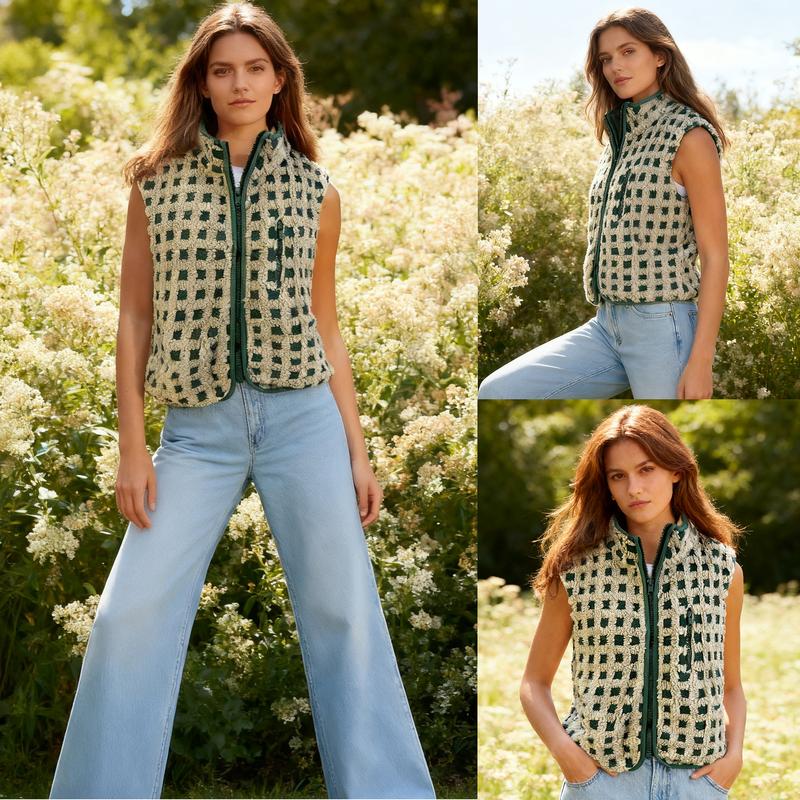 Mundoven Womens Checkered Sherpa Vest Fleece Fuzzy Zip Up Sleeveless Jacket Casual 2025 Winter Warm Outwear