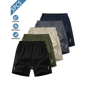 Men’s casual athletic shorts, 5-pack, featuring zippered pockets and reflective stripes; quick-drying, lightweight, comfortable, breathable basketball shorts suitable for running, training, and outdoor activities.