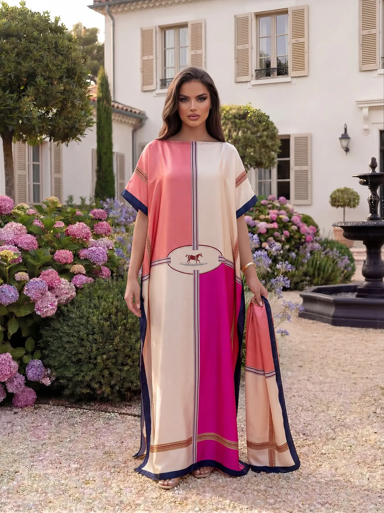 Women's Luxury Elegant Equestrian Style Silky Animal Bohemian Beach Robe Set, Chic Fashion Long Dress & Scarf, Beach Outdoor Sun Protection Matching Set, Cape