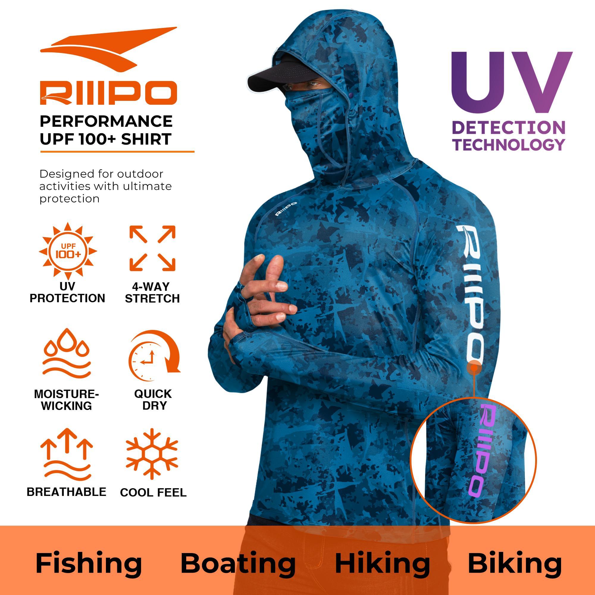 RODEEL R10 RIIIPO Sun Hoodie Shirts w/ UV Detection Mask Neck Gaiter Thumbhole Men UPF 100+ Sun Protection Long Sleeve Lightweight Quick Dry Moisture Wicking Breathable Cooling Activewear for Outdoor Sport Fishing Construction, Holiday Gift