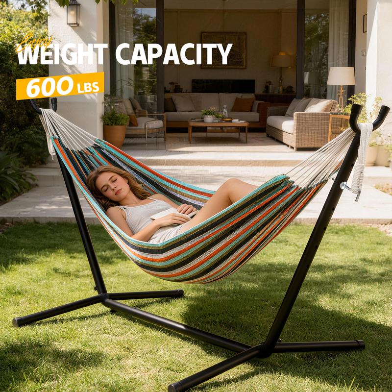 Outdoor Double Hammock with stand ,Include Space-Saving Steel Frame, 600- pound Load Capacity, Patio Swing with stand , Carry Bag , Suitable For Seaside, Courtyard, Garden, Terrace , Indoor
