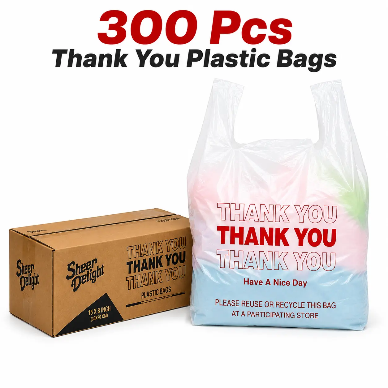 300 Pcs White Plastic T-Shirt Shopping Bags - 11x6x21 in Recyclable Grocery Bags with Handles for Small Business, Home Organization, Farmers Markets