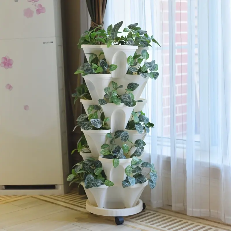 1 Set 5-Layer Stackable Vertical Garden Planters - Durable PP Plastic with Moving Wheels - Garden Accessories, Outdoor Use Essentials - for Flowers, Herbs, Strawberries, Vegetables - Indoor/Outdoor Home Organizer Storage Rack, Outdoor Garden Accessories