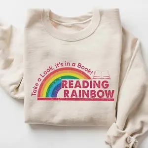 Reading Rainbow Sweatshirt, Retro Book Lover Graphic Crewneck, Teacher Librarian Pullover, Reading Gift