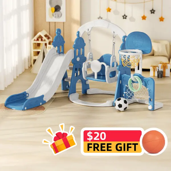 XJD Unisex 4-in-1 Compact Playground Equipment - Toddler Plastic Sports Slide Set with Swing, Basketball Hoop, Climbing Ladder, Easy Assembly, Safe and Durable Enhanced Stability for 1+ Years (Indoor, Outdoor Playyard Freestanding Use)