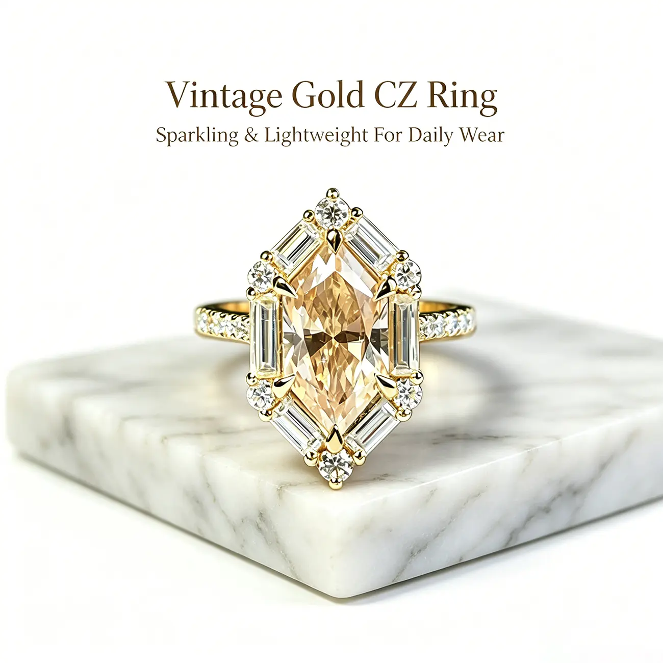 Art Deco Marquise-Cut Synthetic Zircon Statement Ring - Sparkly Gold-Tone Statement Gemstone Bridal Costume Jewelry (Marquise-Cut Rings), Sparkly Gold-Tone Rings
