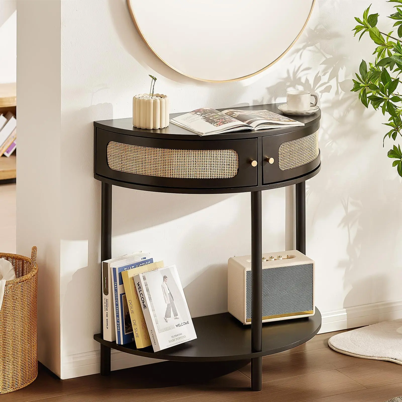 【SummerFinds】VEVOR Half-moon Rattan Console Table with 2 Drawers,  , Rattan Entryway Table with Natural Rattan Sliding Door, Console Table with Storage for Living Room, Study, Entryway Or TV Wall, Black