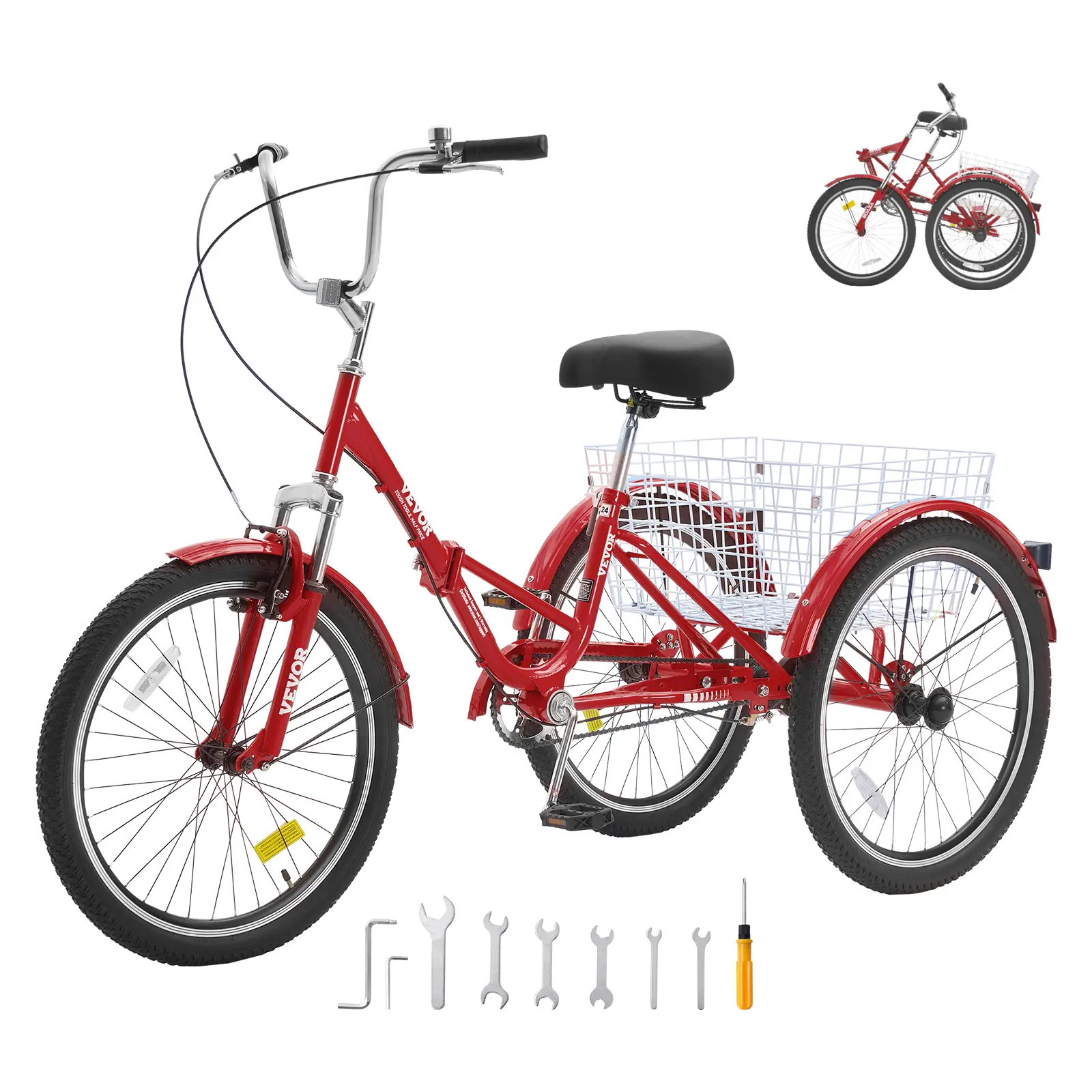 【fathersdaygift】VEVOR 24-Inch Folding Adult Tricycle - Carbon Steel 3-Wheel Cruiser Bicycle with Bicycle RimLarge BasketAdjustable Seat - Foldable Trolley for Seniors (Red), Bicycle Rim