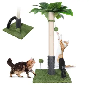 Topmart 29.5” Tall Cat Scratching Post for Large Indoor Cats Sisal Scratching Post with Self Groomer and 2 Dangling BallsGreen