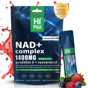 HiPlus NAD+ Complex 1400mg Berry Flavor Drink with Urolithin A Resveratrol CoQ10 Astaxanthin for Women Men Energy Beauty Anti-Aging 20 Pockets