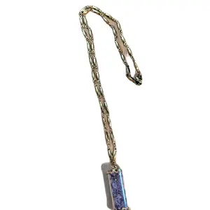 Gold Stainless Steel Amethyst Chip Pendant Necklace | Natural Crystal Bar Pendant | Healing Stone Jewelry | Purple Gemstone Necklace