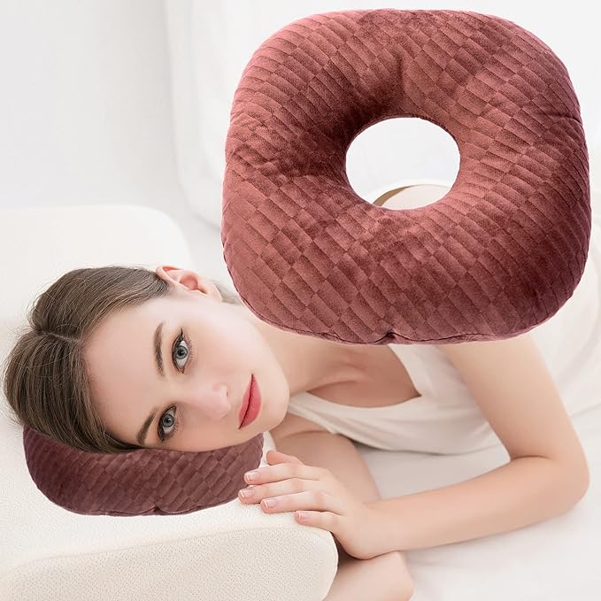 Ear Piercing Pillow for Side Sleepers with an Ear Hole for CNH and Ear Pain Ear Inflammation Pressure Sores, Cotton and Polyester O-Shaped Side Sleeping Pillow, Ear Guard Pillow