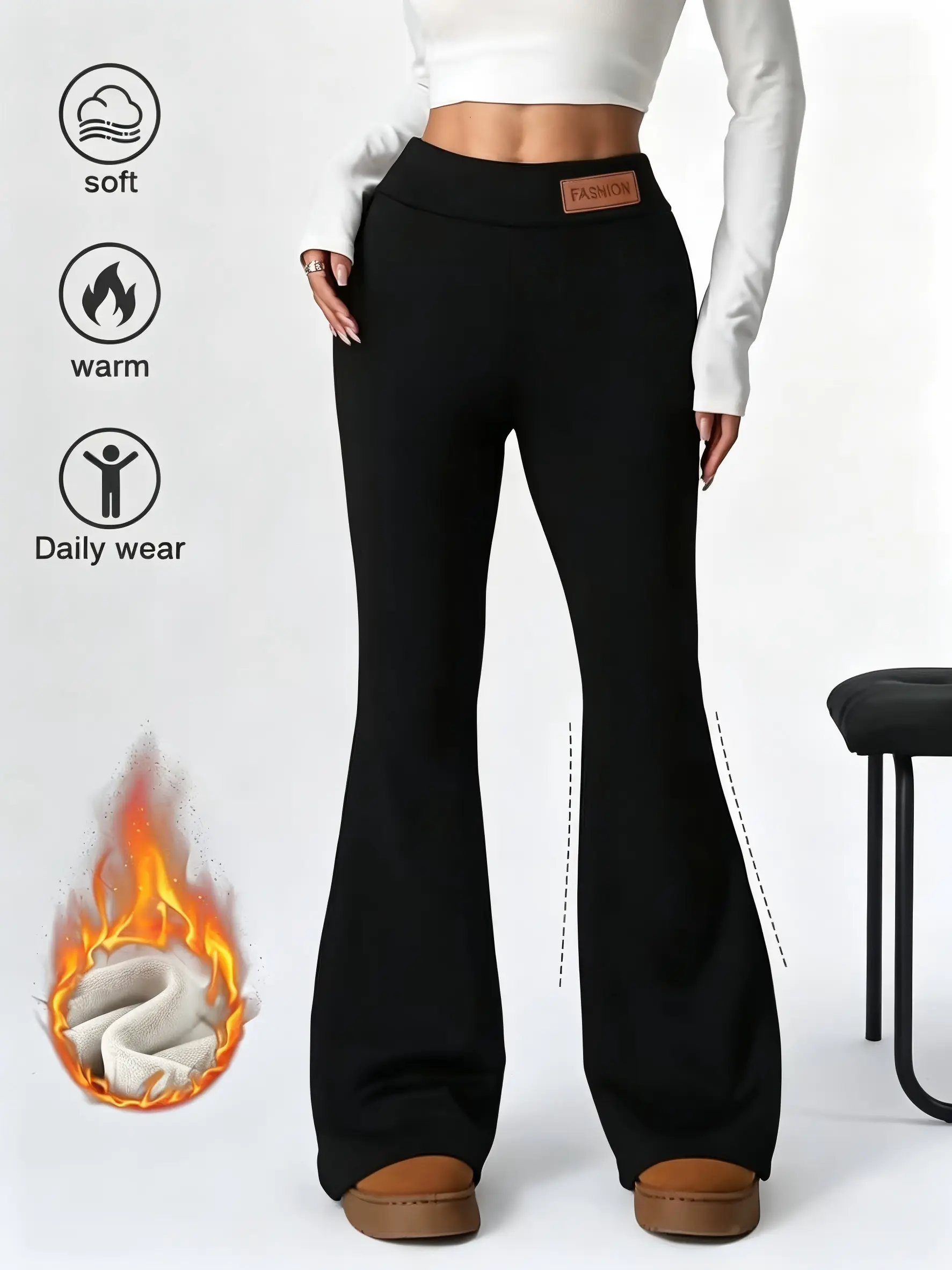 New Women's Autumn-Winter Fleece-Lined Flared Leggings - High-Elastic Slimming Sport Pants with Warm Tummy Control, Butt Lifting & Versatile Style, Polyester Comfy Active Bottoms for Everyday Wear (TikTok Shop Back to School)