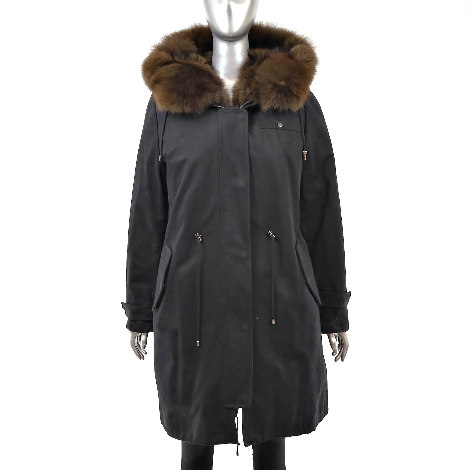 Black Hooded Puffer Coat with Detachable Fox Lining- Size L