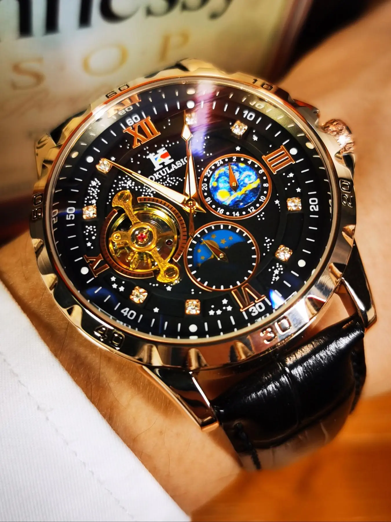 Men's Luxury Mechanical Stainless Steel Rhinestone Embellished Fashionable Stylish Watch, Rose Case, Moon Phase Display, Glow-In-The-Dark Hands, Dial, Rhinestone Decorations