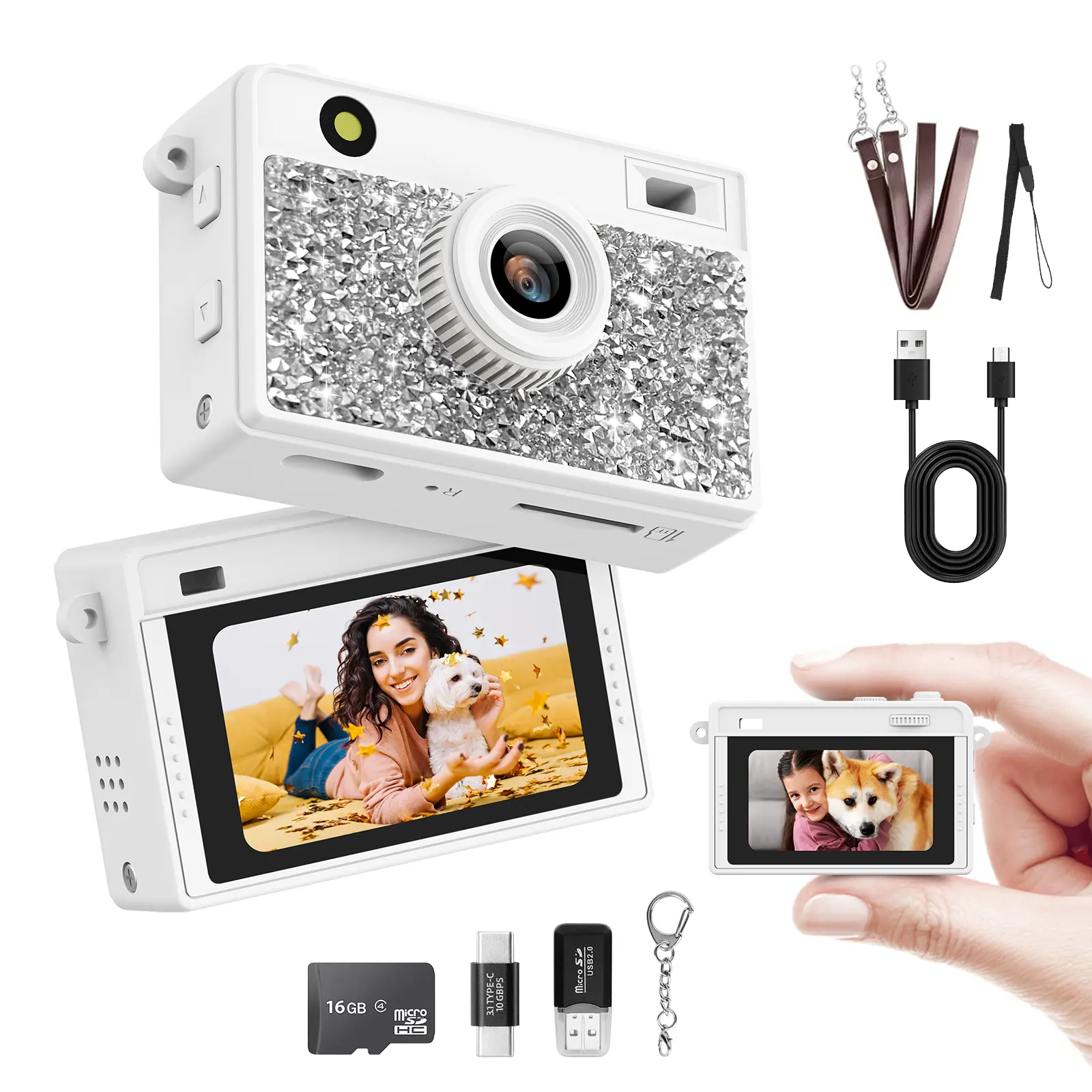HOTU Bling Diamond Mini Keychain Camera – 5MP Y2K Pocket Digital Camera with 1.47" Screen & Flash, Cute Diamond Rhinestone Vlog Camera with 16GB Card, Retro Mini Camera for Travel, Concerts, Kids & Aesthetic Gifts summerwins