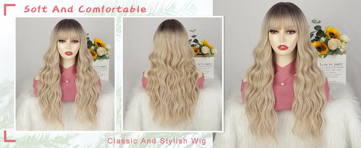 AISI HAIR Ombre Blonde Wig with Bangs for Women Long Wavy Hair Wig Curly Wavy Synthetic Wigs for Girls Daily Party Use Ombre Long