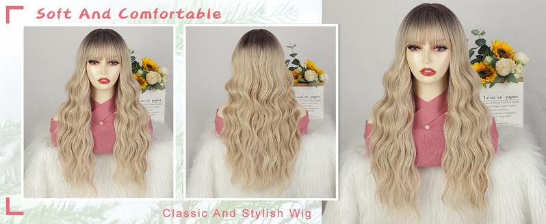 AISI HAIR Ombre Blonde Wig with Bangs for Women Long Wavy Hair Wig Curly Wavy Synthetic Wigs for Girls Daily Party Use Ombre Long