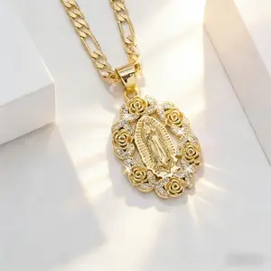 Religious Madonna Necklace Jewelry Unisex Flower Pendant Decoration 14k Gold Plated Copper Virgin Mary Pendant Necklace Fashionable Simple SpringStatements