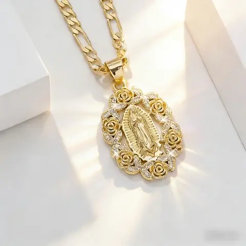 Religious Madonna Necklace Jewelry Unisex Flower Pendant Decoration 14k Gold Plated Copper Virgin Mary Pendant Necklace Fashionable Simple