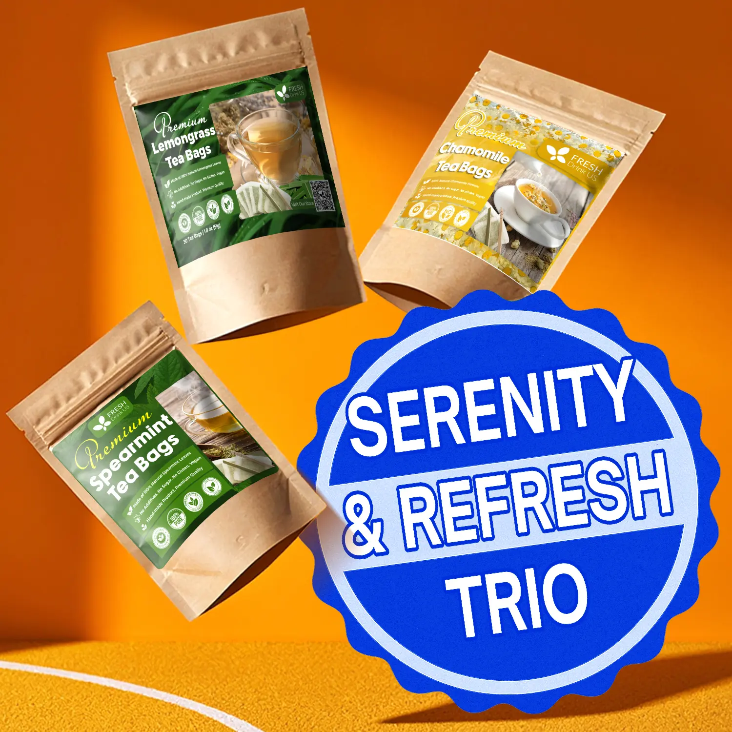 【FreshDrinkUS】 Serenity & Refresh Trio, Chamomile Flower, Lemongrass Leaf & Spearmint Leaf Herbal Tea Bags, 100% Natural & Pure Flowers and Leaves, Eco-Conscious Natural Material Tea Bags, No Sugar, No Caffeine, No Gluten, Vegan – Herbal Beverage