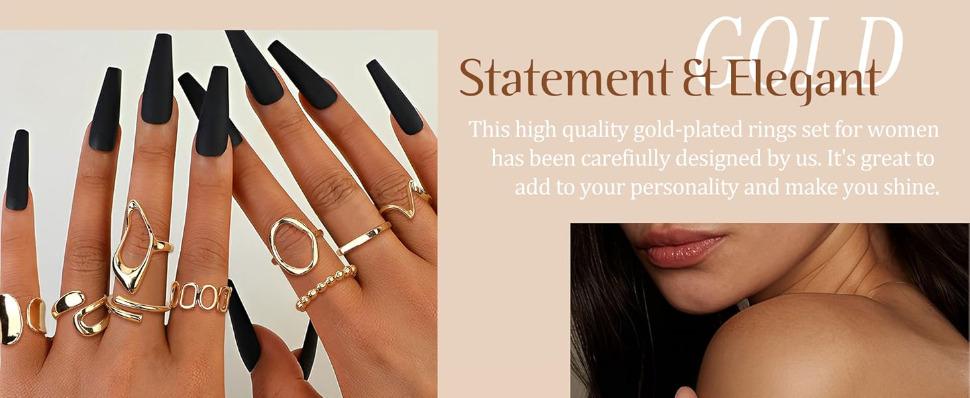 FIBO 9 Pcs Chunky Gold Rings Set for Women 18K Gold Plated Adjustable Open Dome Rings Statement Signet & Liquid Metal Wave Finger Jewelry Aesthetic Trendy Pack for Party Gift SpringStatements FIBO 9 Pcs Chunky Gold Rings Set for Women 18K Gold Plated Adjustable Open Dome Rings Statement Signet & Liquid Metal Wave Finger Jewelry Aesthetic Trendy Pack for Party Gift SpringStatements