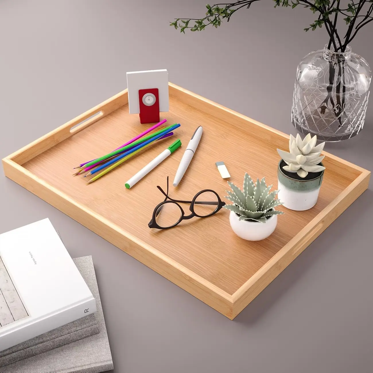 Bamboo Breakfast Tray with Handle, Wooden Storage Tray for Dining, Work, Bedroom, Kitchen, Living Room, Bathroom, Hospital, Outdoor Use, Reusable Trays