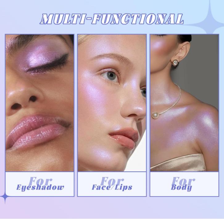 Holographic Duochrome Pink Blue Eyeshadow&Highlighter Palette Makeup, Color Shift Glitter Iridescent Cream Highlighter, Smooth Long Lasting Sparkling Facial Illuminator Palette Mermaid Makeup