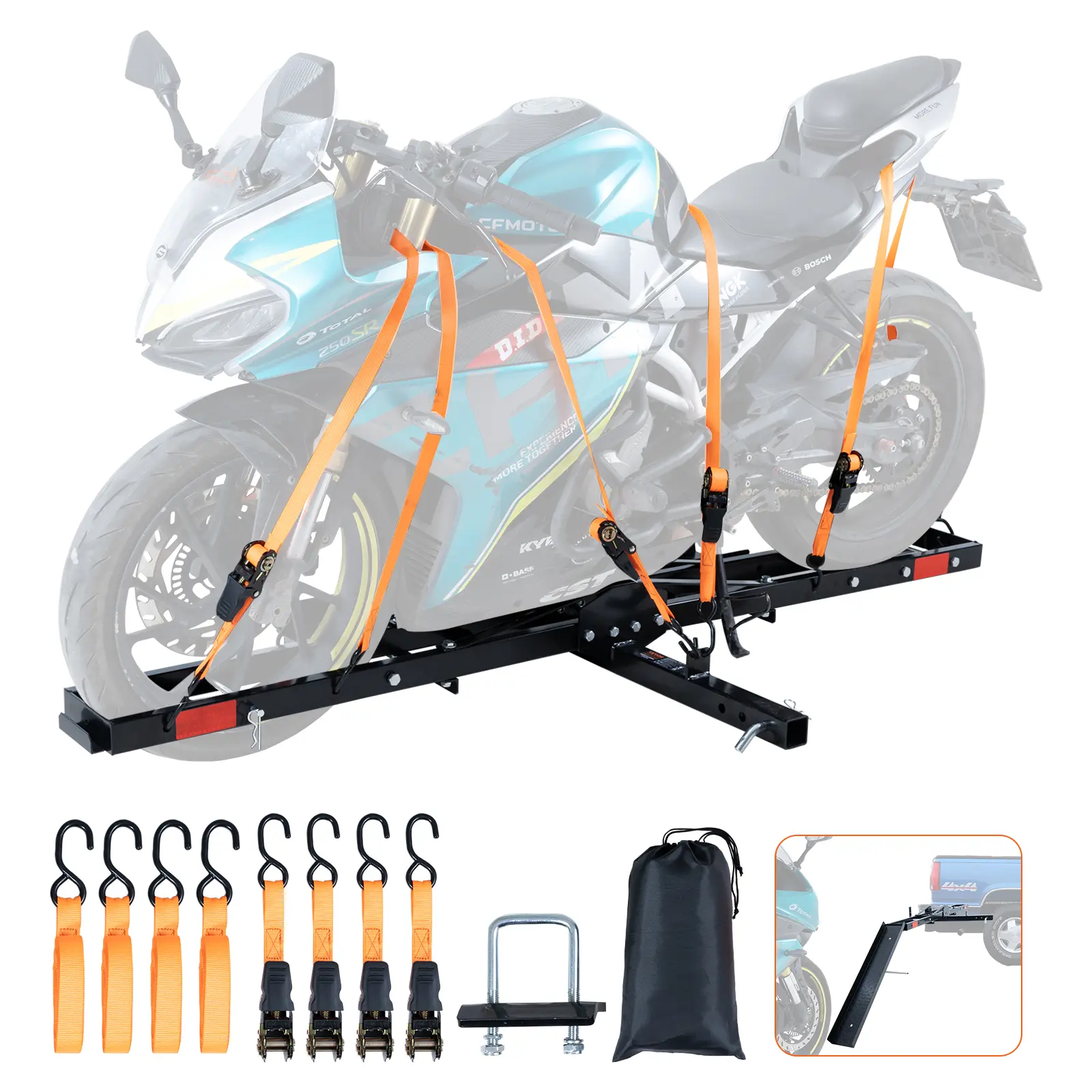 VEVOR Motorcycle Carrier,  600 LBS Steel Motorcycle Carrier Hitch Mount with Loading Ramp, Scooter Dirt Bike Trailer Hauler with Ratchet Straps and Stabilizer, for Car, Truck with 2" Hitch Receiver,home essentials