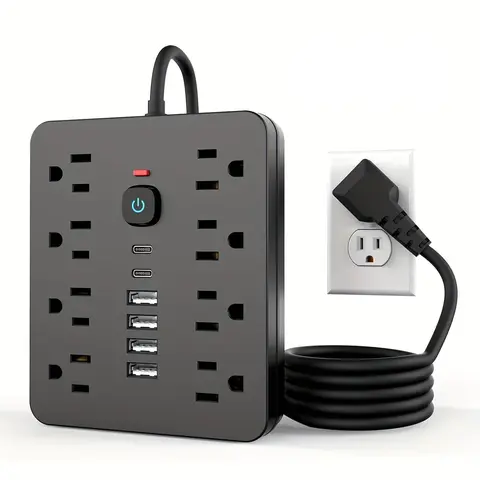 Multifunctional Power Strip Accessories - 14-in-1 Surge Protector with 8 AC Universal Sockets, 4 USB Ports, 2 Type-C Ports, Individual On/Off Switch, 1250W Max, Compact Plastic Desktop Extender, Flat Plug Cord, Home/Office Use, Manufacturer Warranty