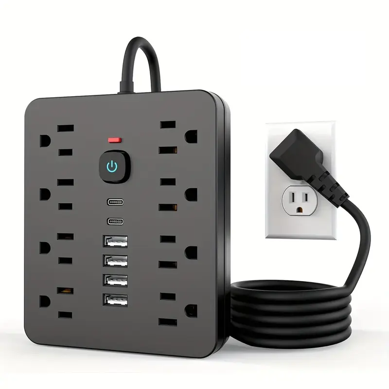 Multifunctional Power Strip Accessories - 14-in-1 Surge Protector with 8 AC Universal Sockets, 4 USB Ports, 2 Type-C Ports, Individual On/Off Switch, 1250W Max, Compact Plastic Desktop Extender, Flat Plug Cord, Home/Office Use, Manufacturer Warranty