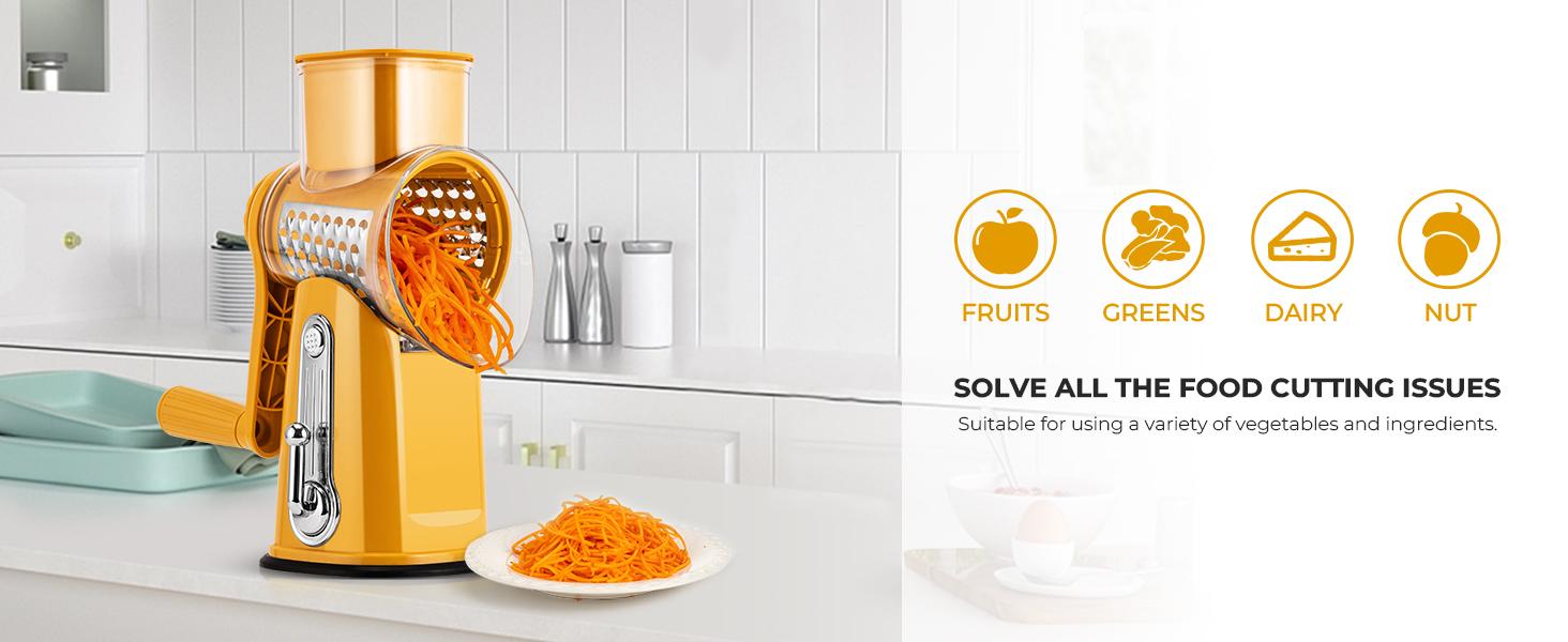 SUSTEAS Yellow Rotary Cheese Grater - Food Chopper with 5 Well-Designed Blades and Powerful Suction Cup Base, Comes with 1 Blade Storage Box Kitchen Utensils Vegetable Cutting Slicer SUSTEAS Yellow Rotary Cheese Grater - Food Chopper with 5 Well-Designed Blades and Powerful Suction Cup Base, Comes with 1 Blade Storage Box Kitchen Utensils Vegetable Cutting Slicer